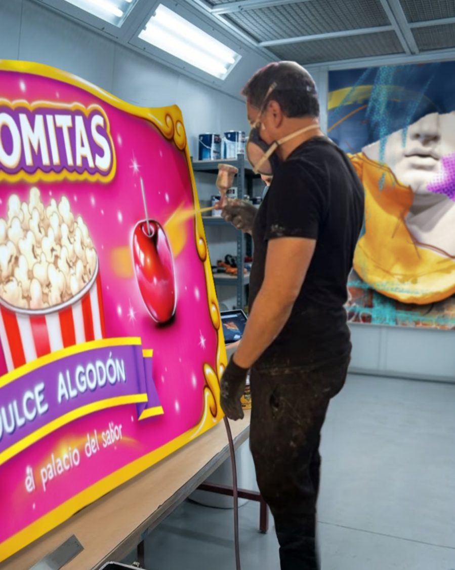 John Flórez pintando con aerógrafo un panel de feria de palomitas y dulce algodón