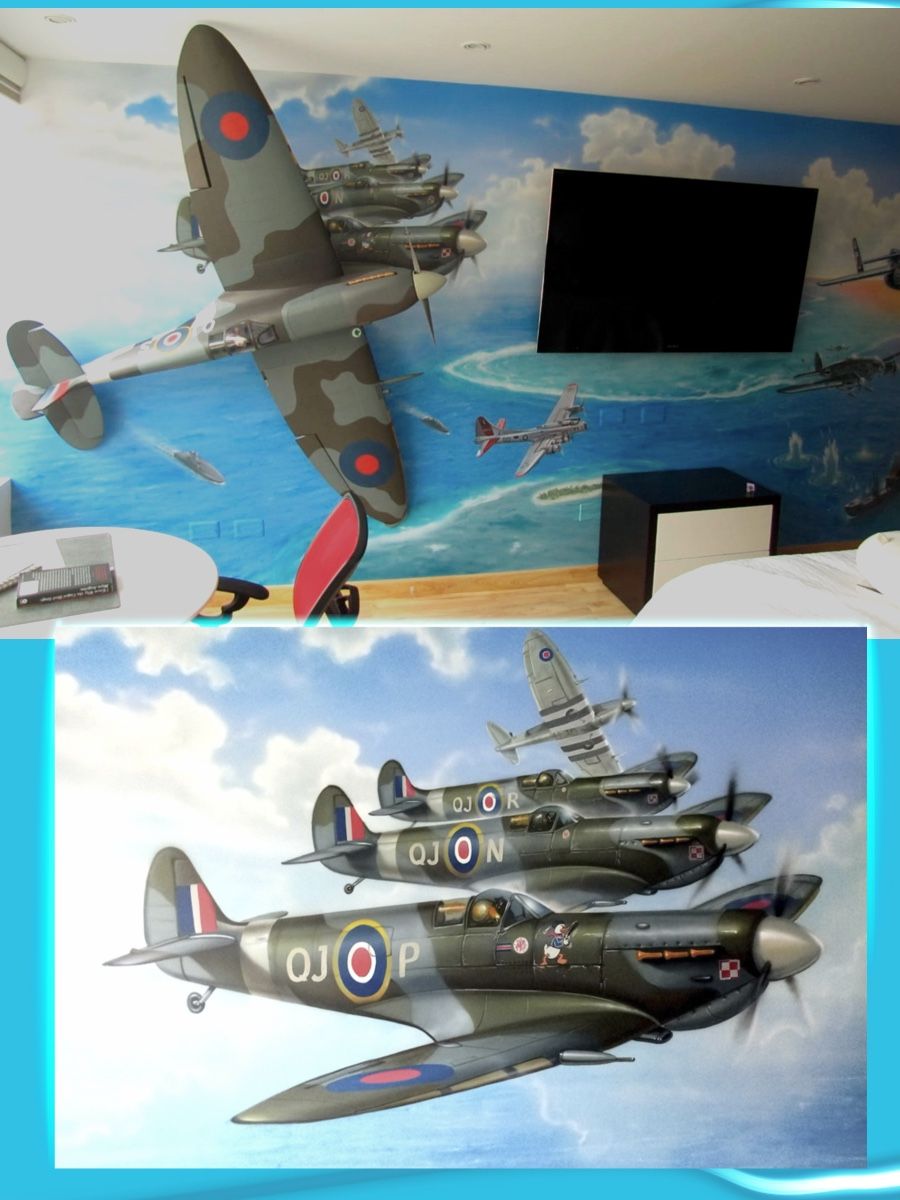 Mural de aviones de combate históricos sobre el mar y un cielo con nubes, en una habitación con televisor