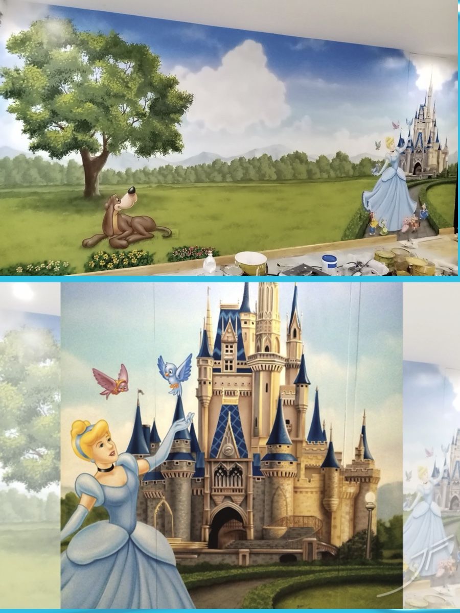 Mural de un paisaje con árbol, un perro y una princesa frente a un castillo