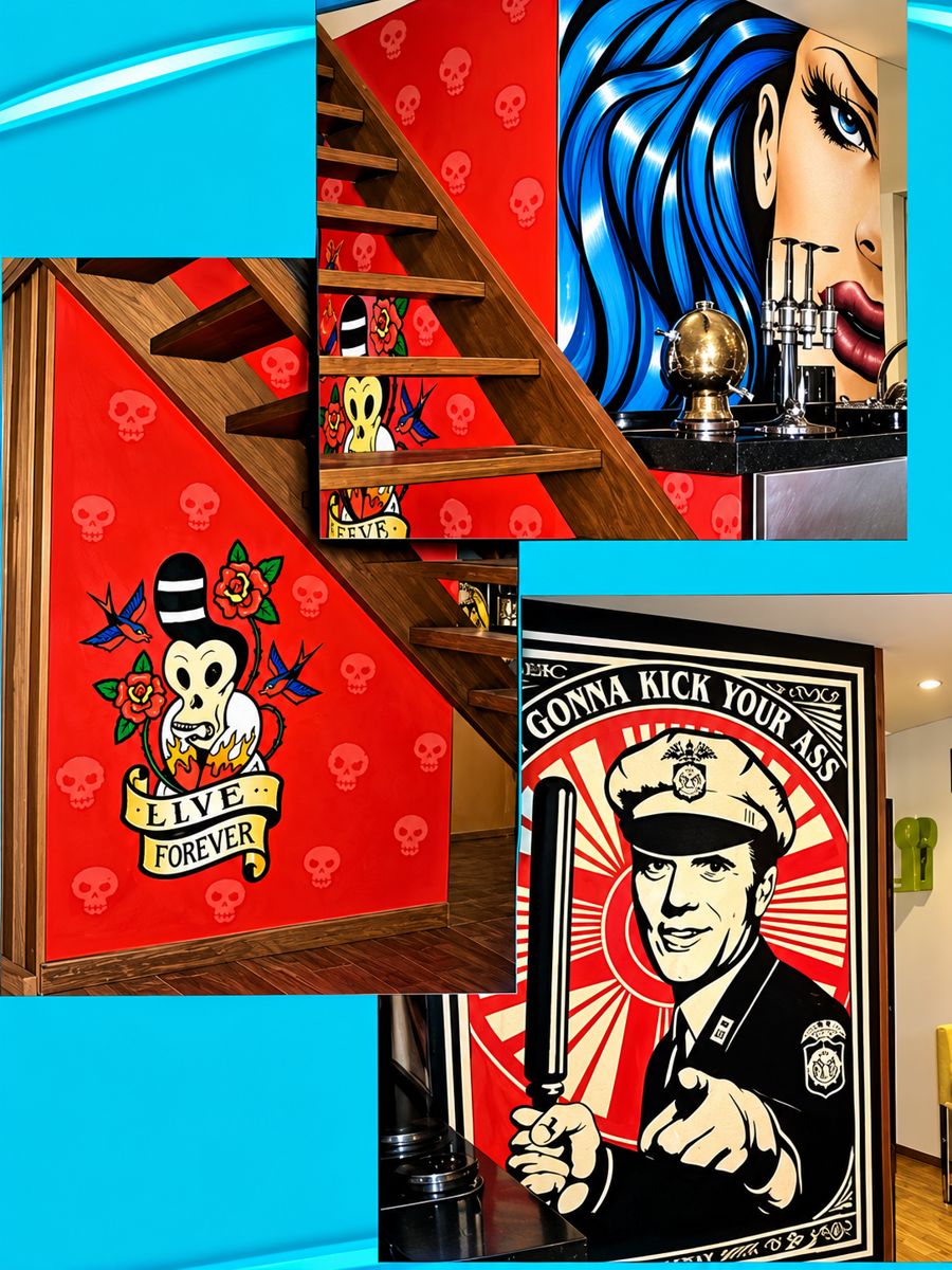 Escalera con calaveras sobre pared roja, ilustración estilo tatuaje y murales pop art junto a una barra