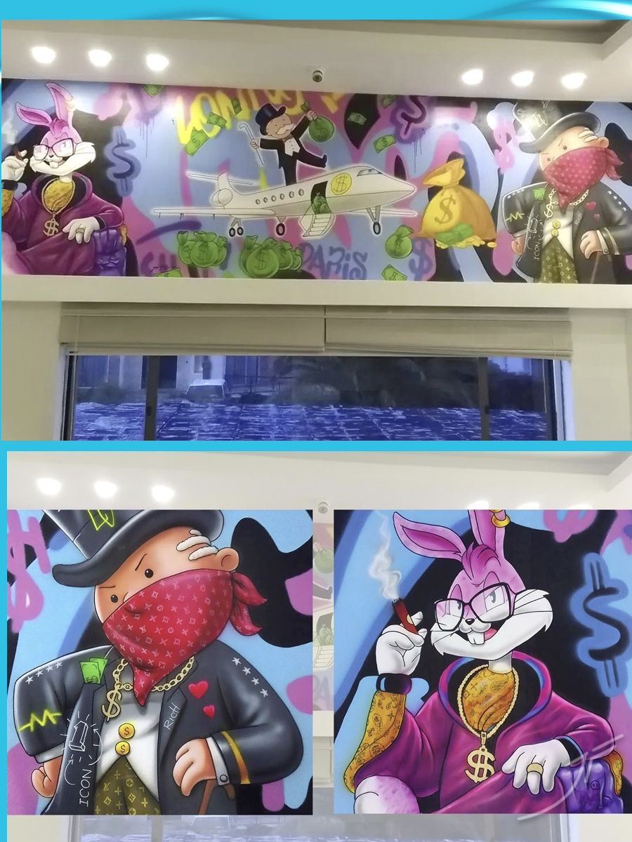 Mural estilo grafiti con un conejo, un señor de sombrero con pañuelo, billetes y un avión